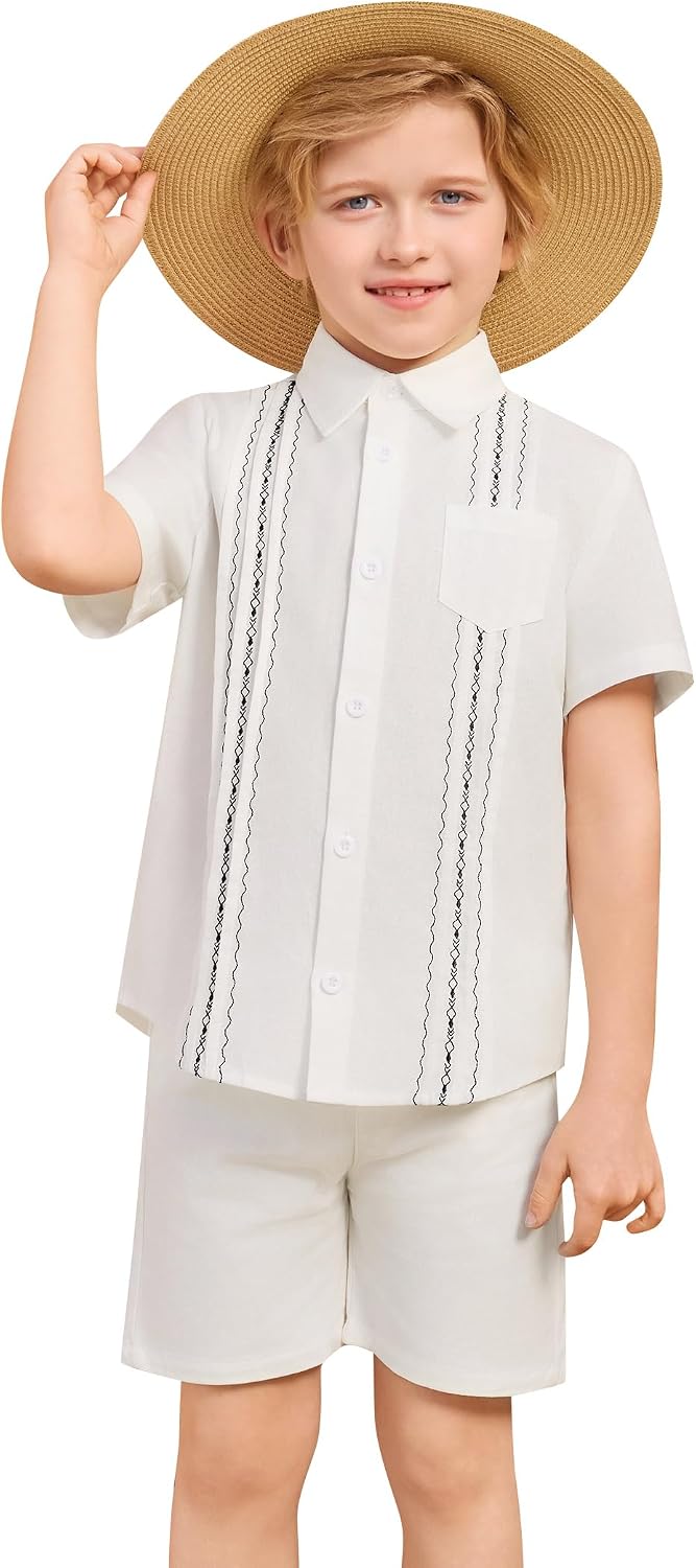 Boys Guayabera Shirt - Short Sleeve Embroidered Mexican Cuban Button Down Shirts for Cinco de Mayo Wedding Baptism
