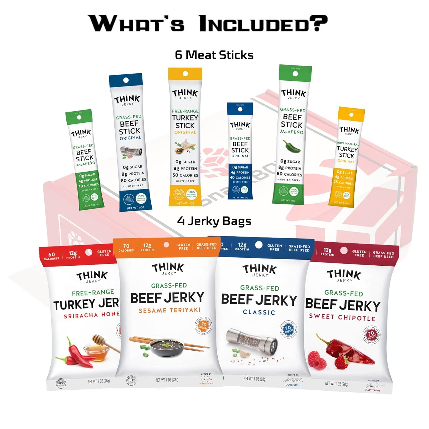 Think Jerky Grass Fed Beef Free Range Turkey Jalapeno Chipotle Sriracha Variety Pack | Snack BOX Care Package (10 Count) | Fathers Day Holiday, Birthday, Student, Teachers, Back to School, College Gift Baskets Military Gift Ideas