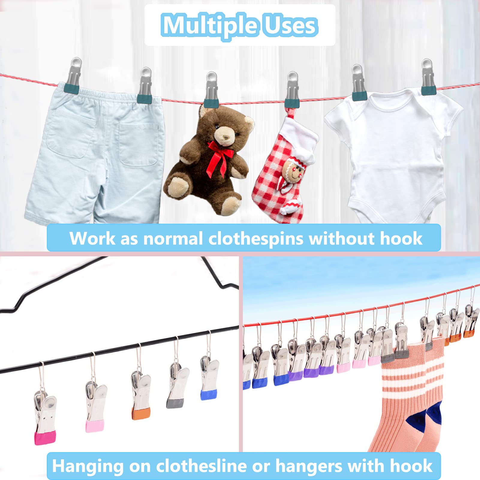 Amazon.com: 衣服別針附可拆卸掛鉤32 件組不銹鋼彩色衣夾適用於洗衣用重型服裝別針適用於晾衣繩多用途金屬夾適用於掛衣、襪子、毛巾、零食:  居家與廚房