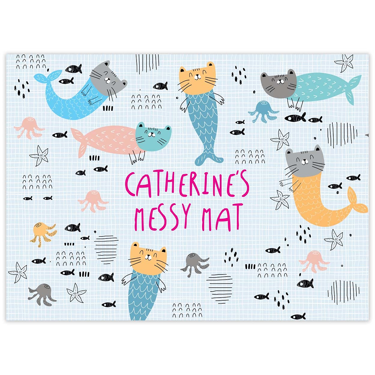 Paper Themes Personalised Messy Mat Plastic Table Cloth Wipe Clean Protect your table and floor from spills and accidents ((XL) 150 x 110 cm, Cat Mermaid)