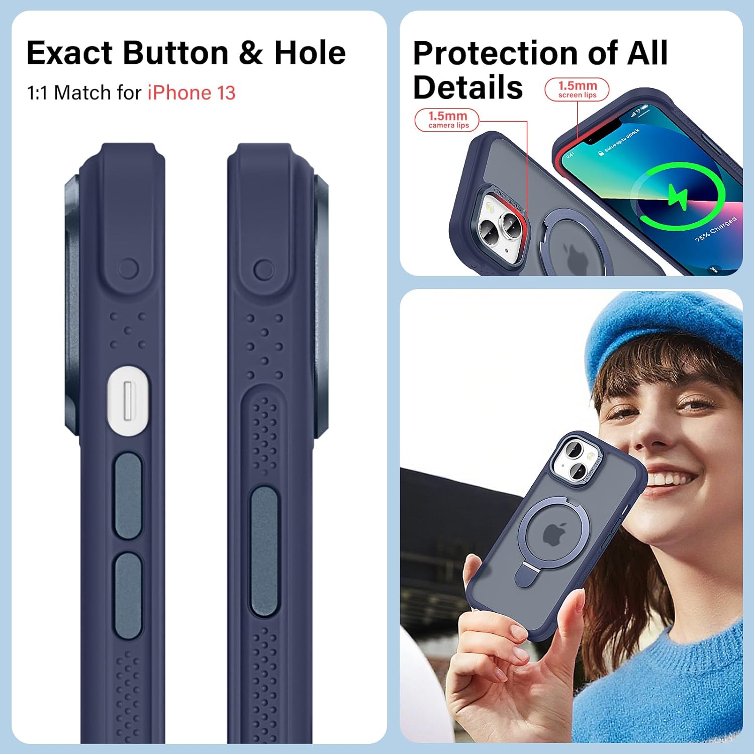 Designed for iPhone 13/14 Case with Magnetic Stand, [Military Drop Protection][Great Grip Feeling] Matte Translucent Back Slim Shockproof Phone Cover for iPhone 13/14 6.1", Blue