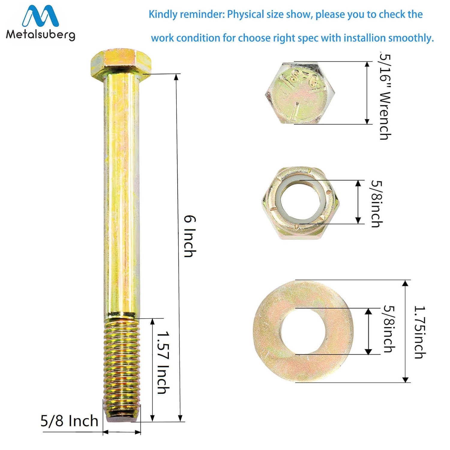 5/8" x 6" Hex Head Bolt by Color Galvanization with Nylon Lock nut and Large Size Washer Assortment Kit,Alloy Steel,Grade 5.(4pcs Pack). by Metalsuberg