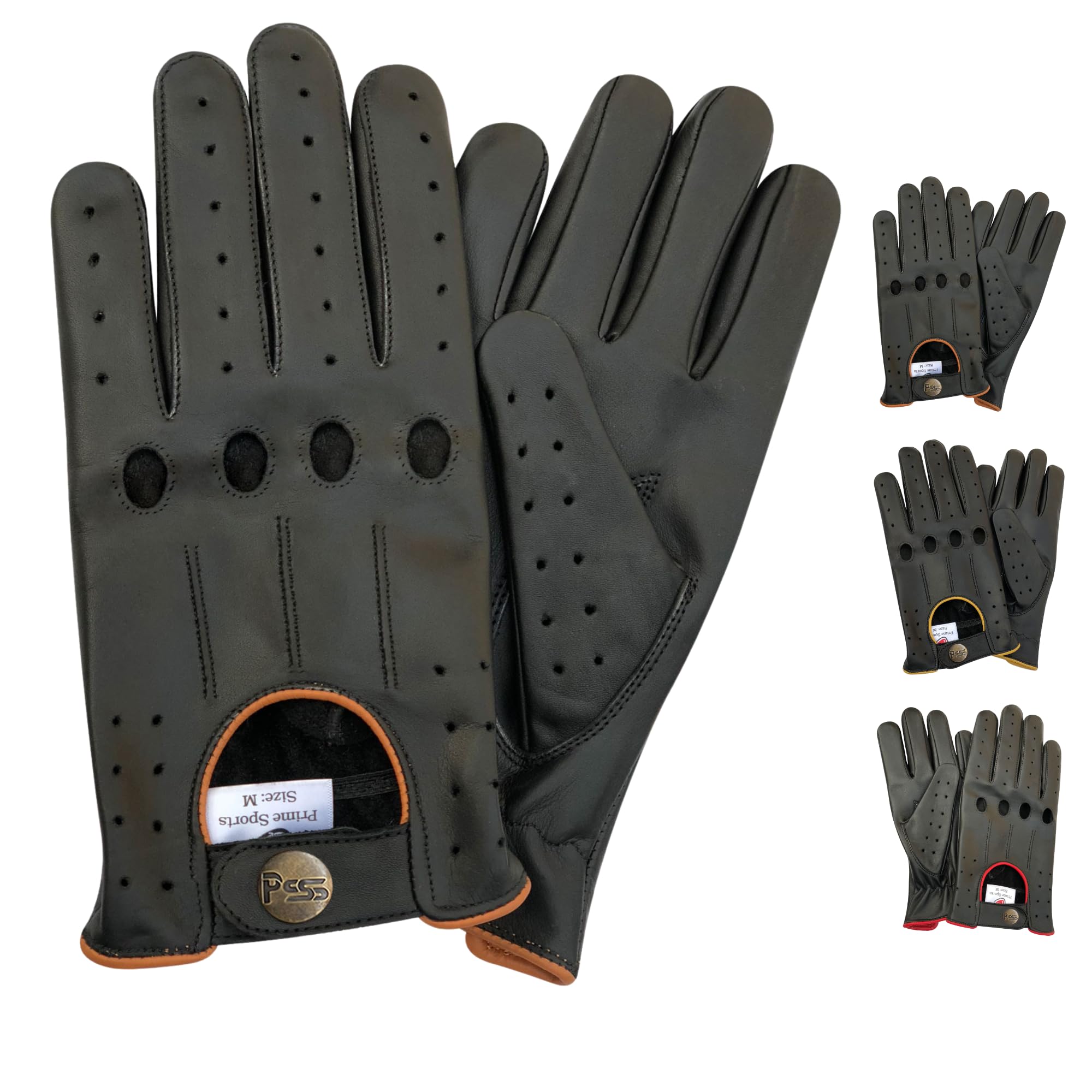 Prime Leather Men's Black With Brown Piping Genuine Leather Driving Classic String Black Gloves With 4 Holes 507 With Yellow & Brown Piping (, Large)