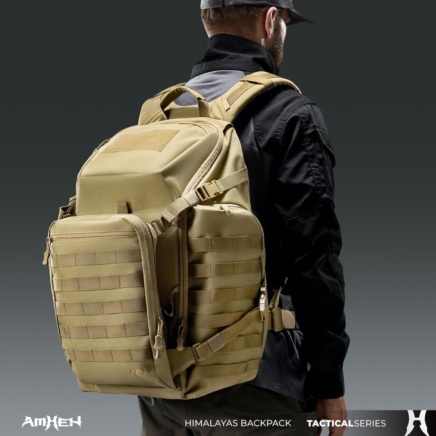 AMHEH 52L 1050D Tactical Backpack - 72 Hour Emergency Get Home Bug Out Bag with 17" Laptop and Helmet Pocket Heavy Duty Work, Tan