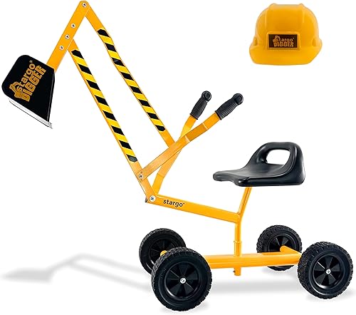 Stargo Excavadora de arena para niños, excavadora de arena sobre ruedas con sombrero, juguetes de excavadora de acero para niños, juguete de playa