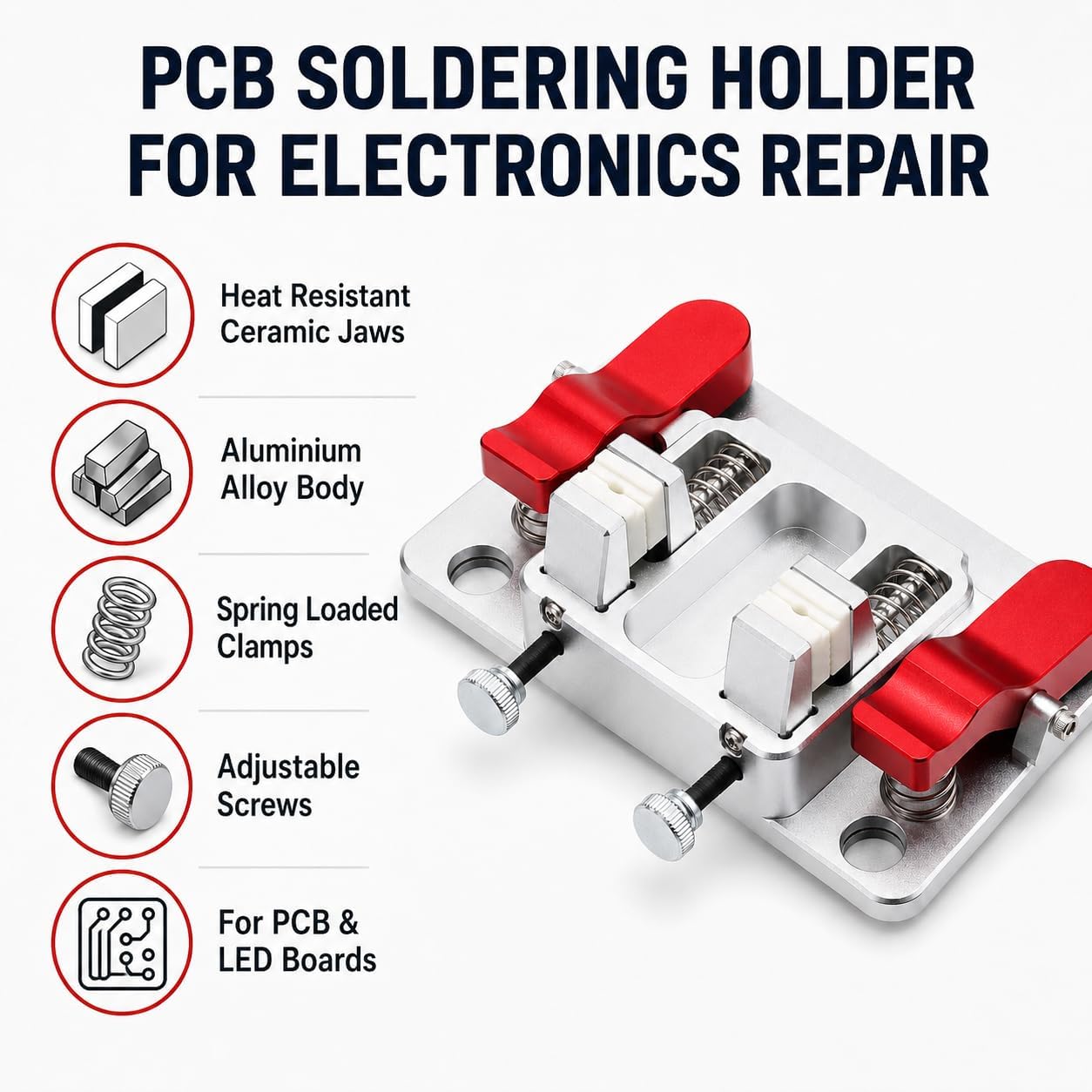 Zacisk do lutowania PCB, ceramiczny, żaroodporny uchwyt lutowniczy z aluminiową podstawą, narzędzie do naprawy płytek drukowanych do taśmy LED, otwór 12 mm, 130x80 mm, 410g