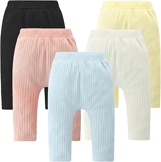 Fullfamous 5 Pack Baby Girl Ribbed Cotton Leggings Pants 0-4T - Soft Stretchy Pull-Ons for Toddlers