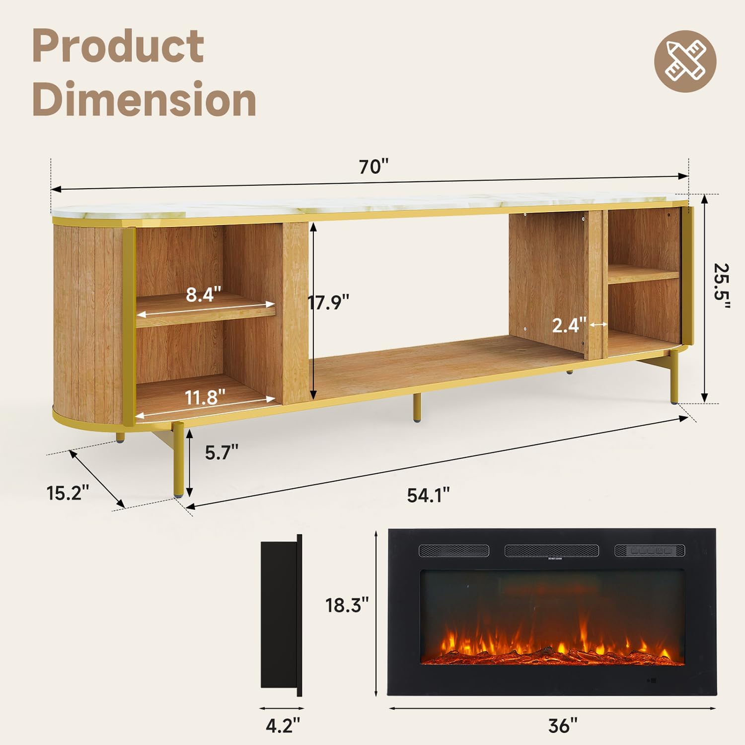 Luxury 70" Fluted Fireplace TV Stand, Modern Chic Entertainment Center for TVs Up to 80", TV Console for Living Room, Media Cabinet with Storage,70 Inch, Oak - Image 2
