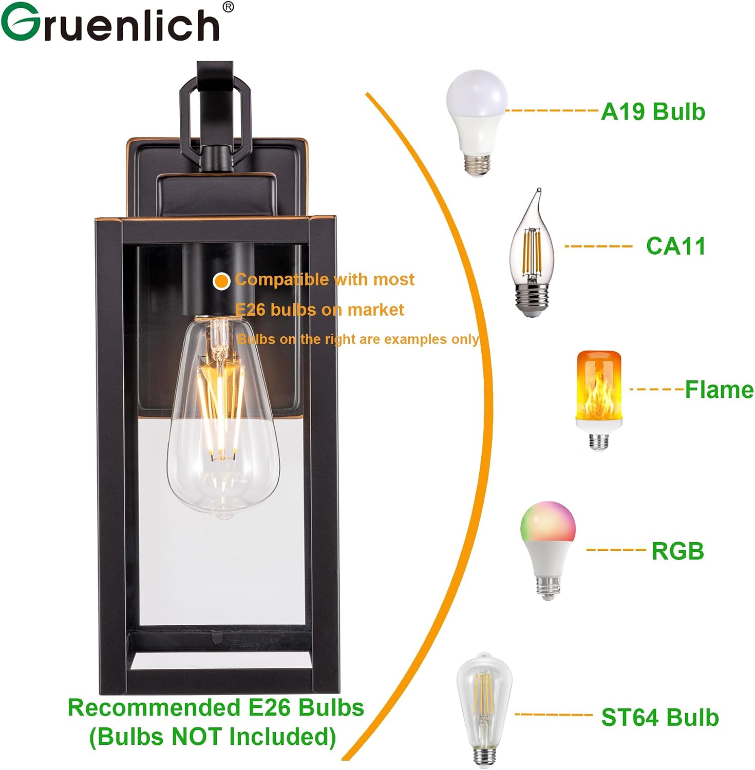 GRUENLICH Outdoor Wall Lantern, Wall Sconce for Porch Lighting Fixture, E26 Base Max 60W, Metal Housing Plus Glass, Oil Rubbed Bronze Finish, Bulb Not Included, 1-Pack