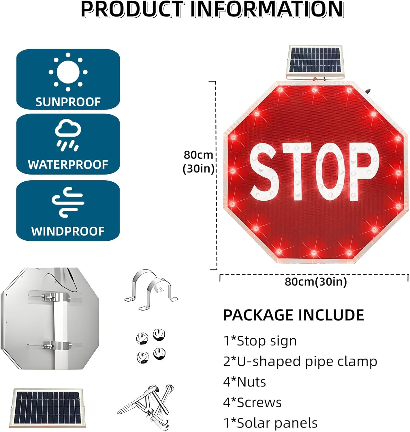 30" Solar Power Flashing Traffic Signs - LED Lighted Road Signs with Engineer Grade Reflective Film for Construction Sites & Highways - Durable & Weather-Resistant