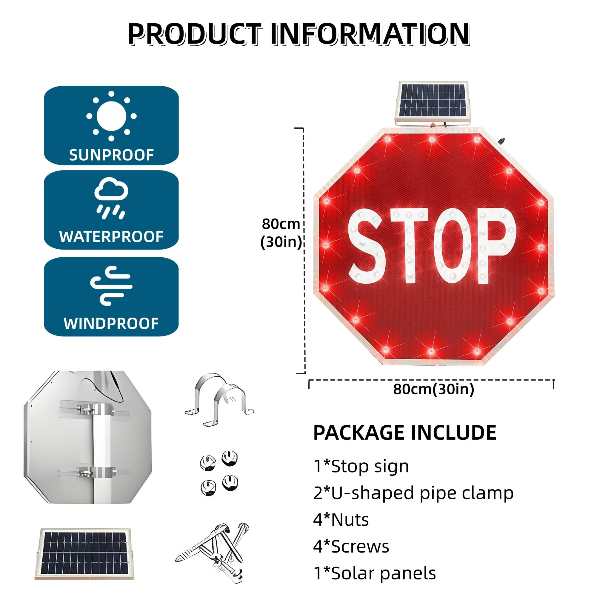 Señal de parada solar de 24 x 24 pulgadas, LED intermitente, aluminio inoxidable, reflectante de grado de ingeniero, resistente a la intemperie, señal de seguridad de 30 pulgadas para control de