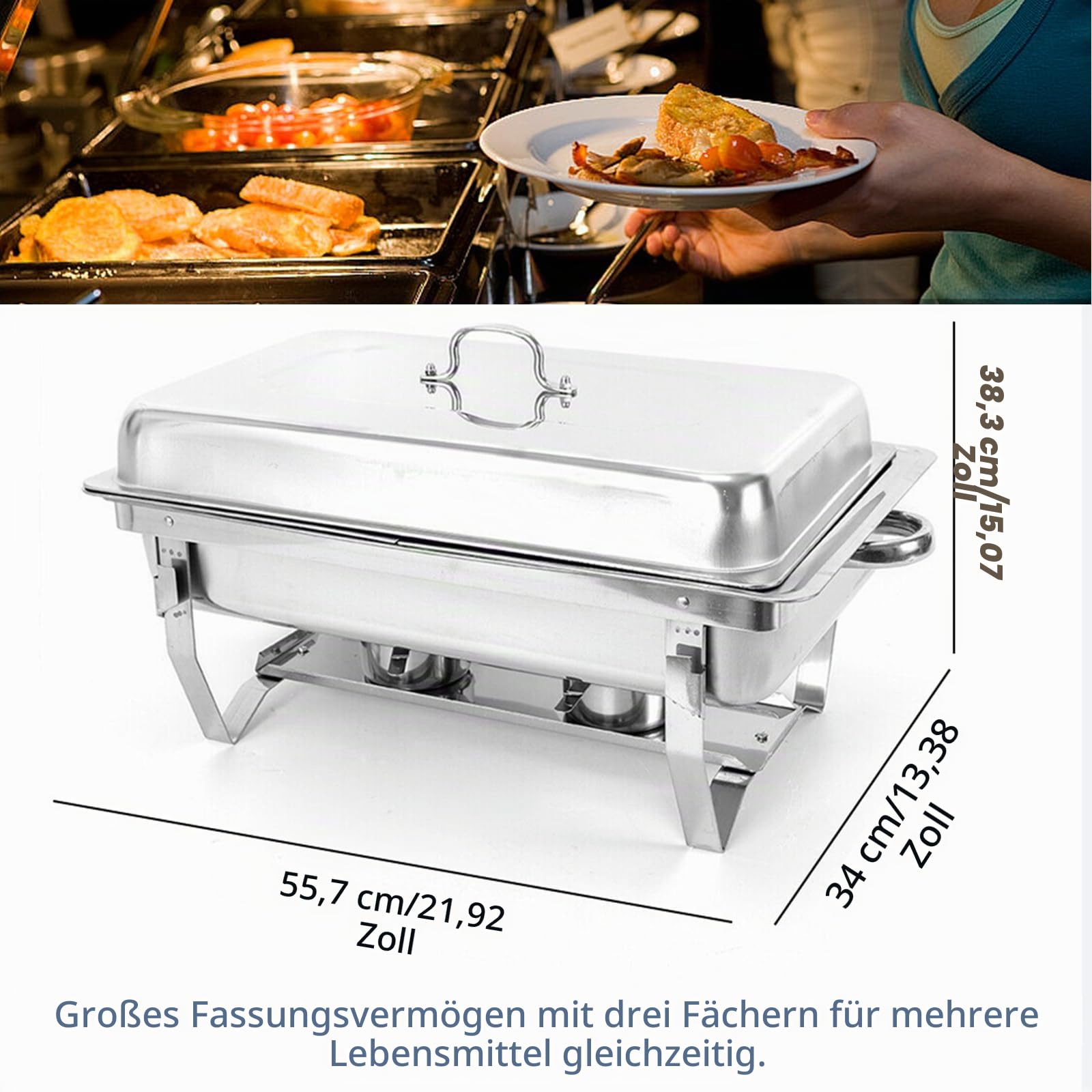 Chafing Dish,Edelstahl Warmhaltebehälter,Speisenwärmer, Edelstahl Speisenwärmer Behälter,Wärmebehälter für Catering, Buffet und Party,55.7x34x38.3cm(FÜR 3 PFANNEN)