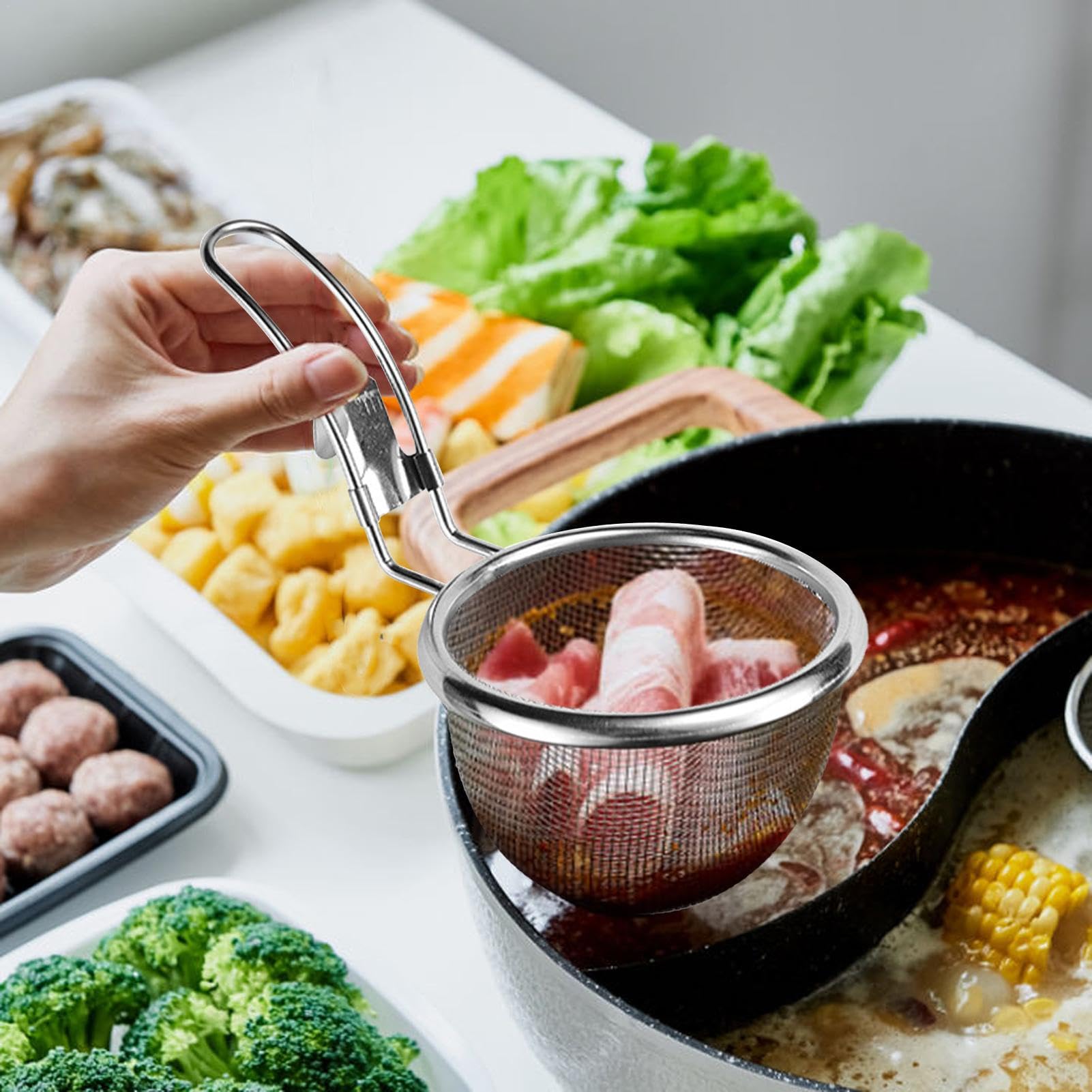 Kosz siatkowy Hot-Pot – domowy kosz ze stali nierdzewnej z drobnym sitkiem – przesiewacze sitkowe ze stali nierdzewnej z solidnym uchwytem do makaronu, mąki, makaronu, herbaty, warzyw