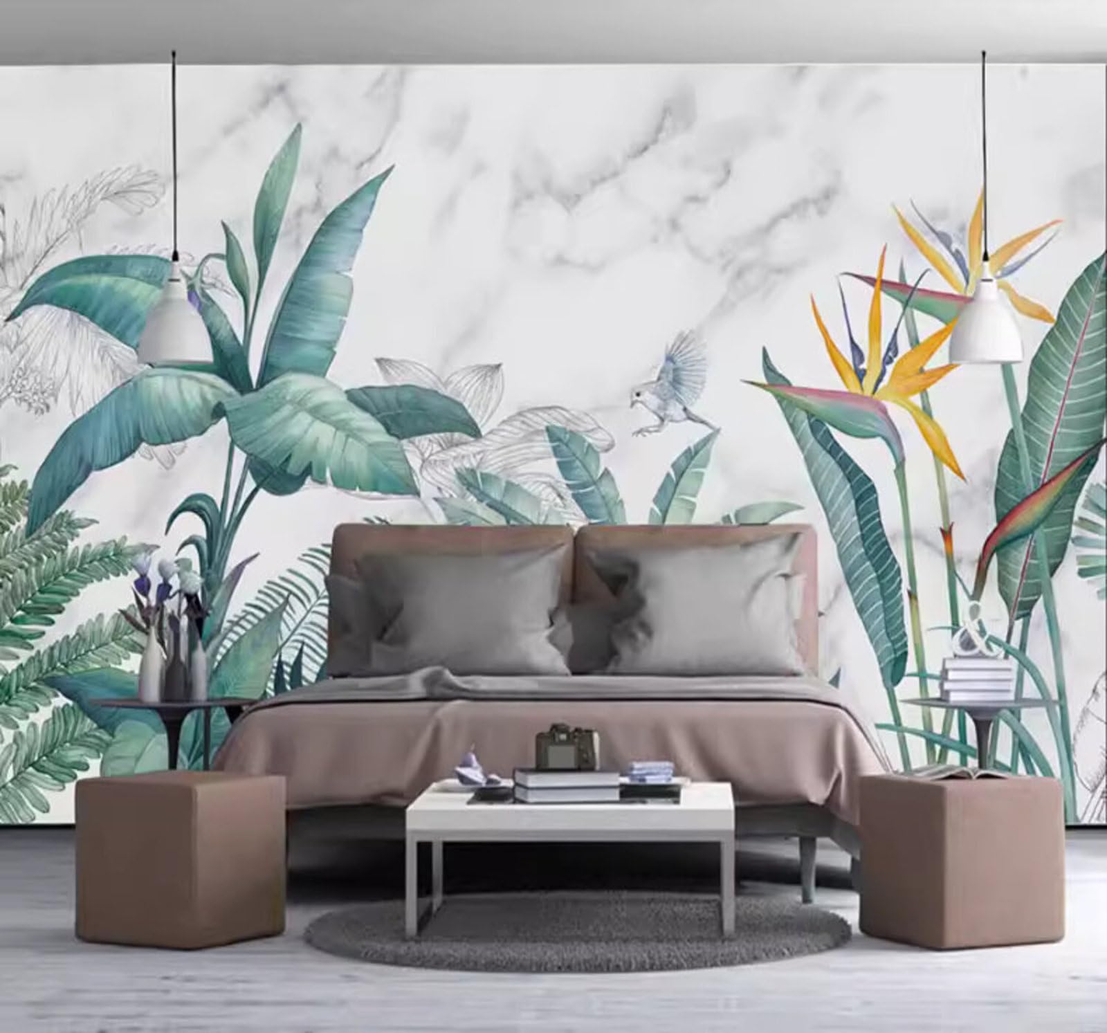 Fresh Three Dimensional Green Plants Faux Marble 3D Wallpaper Easy Install Feature Office Living Room Sofa Bedroom TV Background Wall Decoration-400cm×280cm