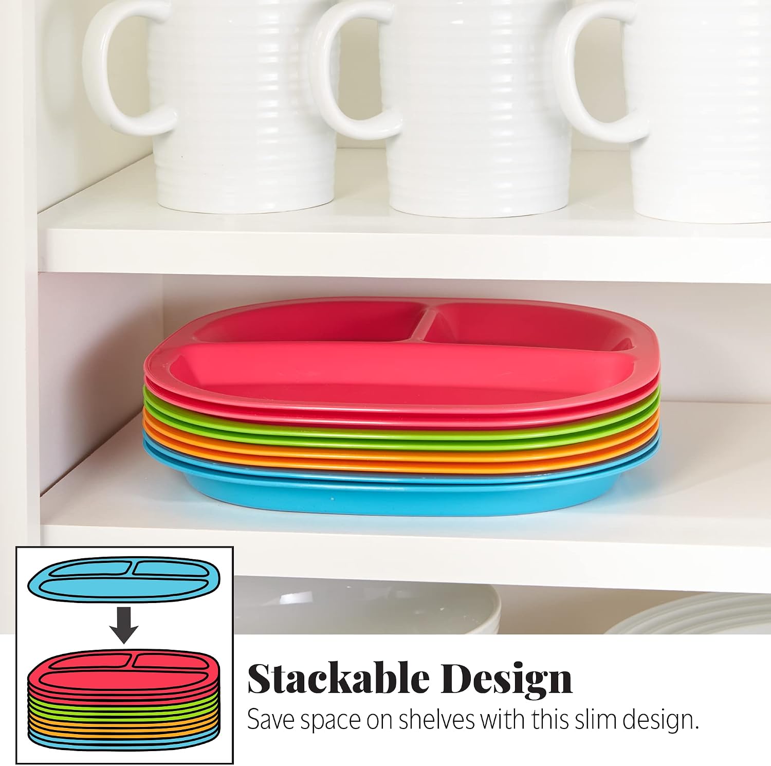 US Acrylic Harmony 3-compartment Divided Plastic Kids Tray in 4 Calypso Colors | set of 12 Reusable, BPA-free Plates, Made in the USA, Microwave & Dishwasher Safe Dinnerware