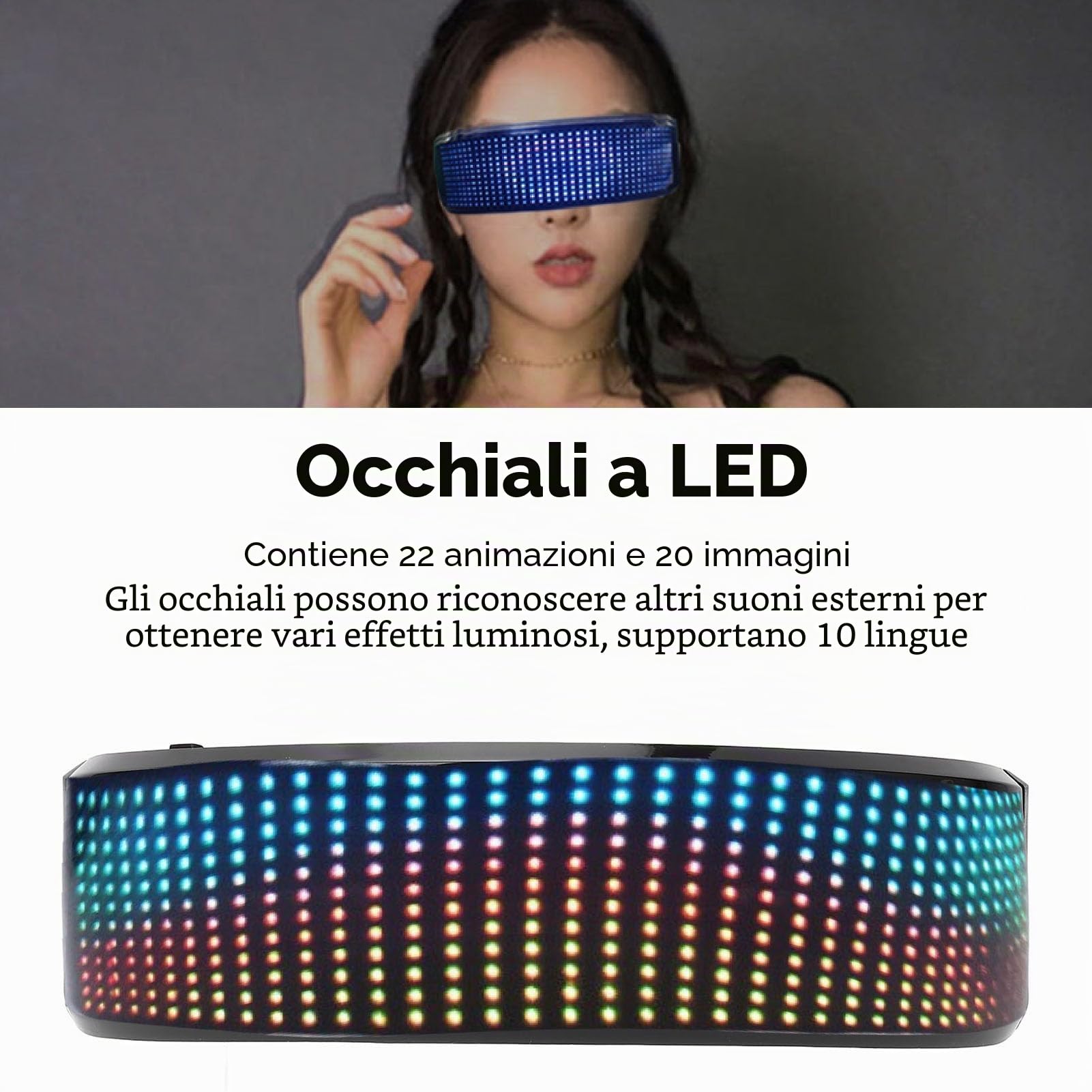Topiky Occhiali Illuminanti RGB Personalizzabili Controllati APP, Occhiali Intelligenti con Display LED, Occhiali Illuminanti per Adulti, Classici, Unisex, LED 12x36, ABS, Musica e Arte