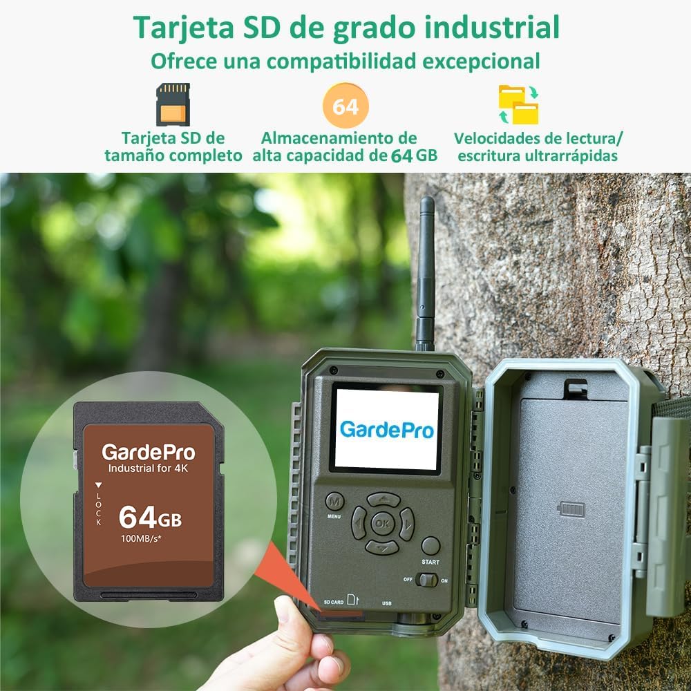GardePro E8 Camara Fototrampeo WiFi, Tarjeta SD de 64 GB, 64MP 1296P Vidéo