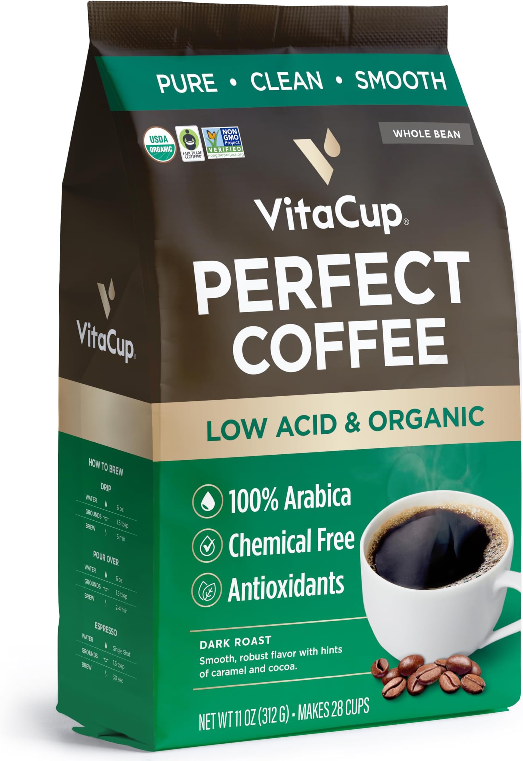 VitaCup Perfect Low Acid USDA Organic Coffee Beans, Fair Trade, 11oz | Dark Roast, Single Origin, Mycotoxin Free