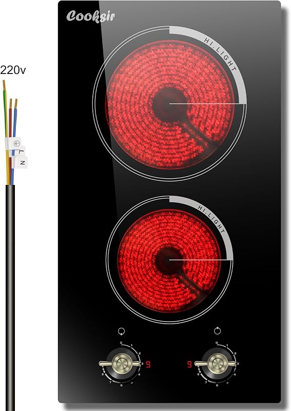 2 Burner Electric Cooktop 220V Hard Wired 3000W No Plug | 12 Inch Double Burner Electric Stove Top Knob Control, 9 Power Heating Levels, Overheat Protection, 240V Hard Wired (No Plug)