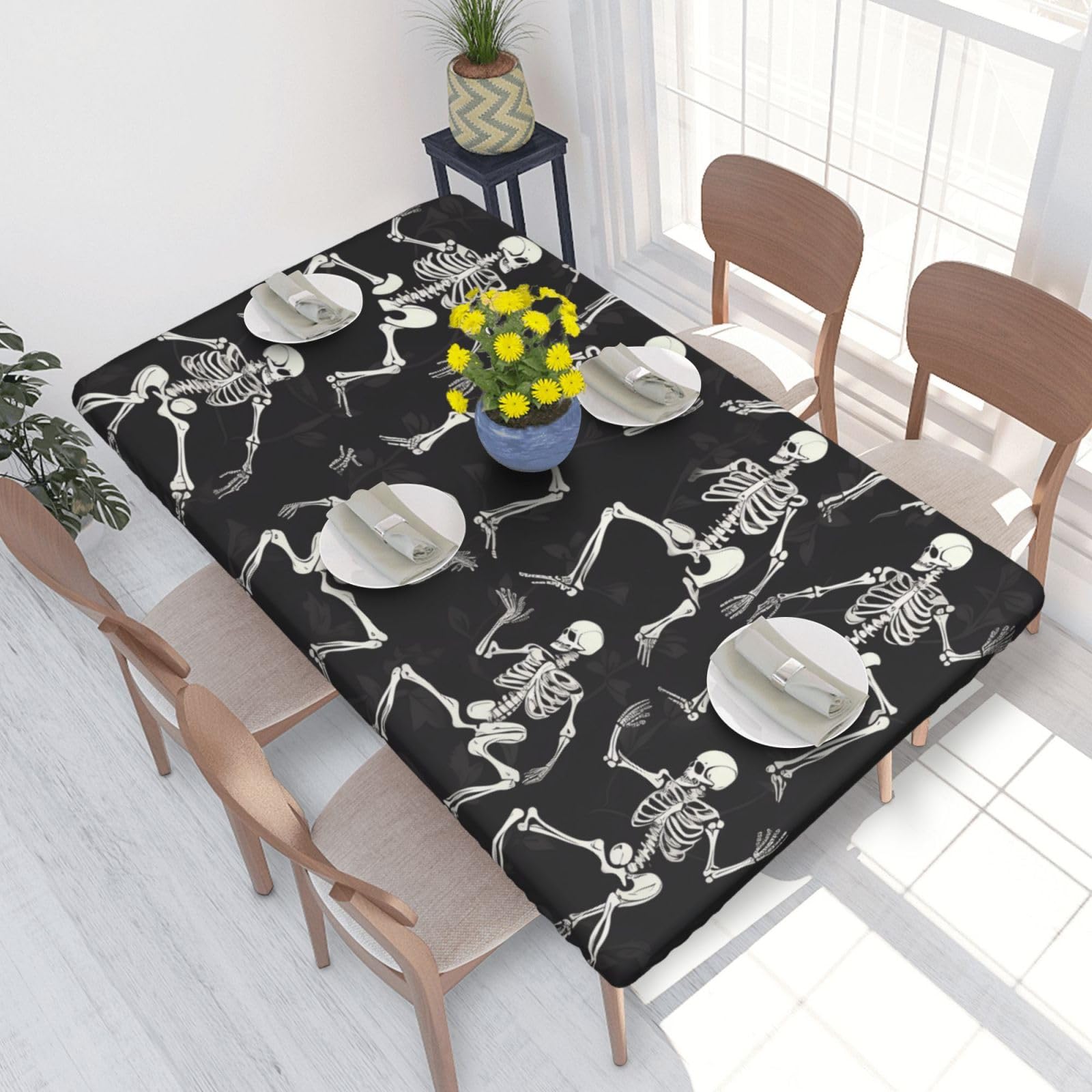 Interesting Skeleton Waterproof Square Table Cover Elastic Fitted Tablecloth Oil Proof Table Protector For 4ft Table