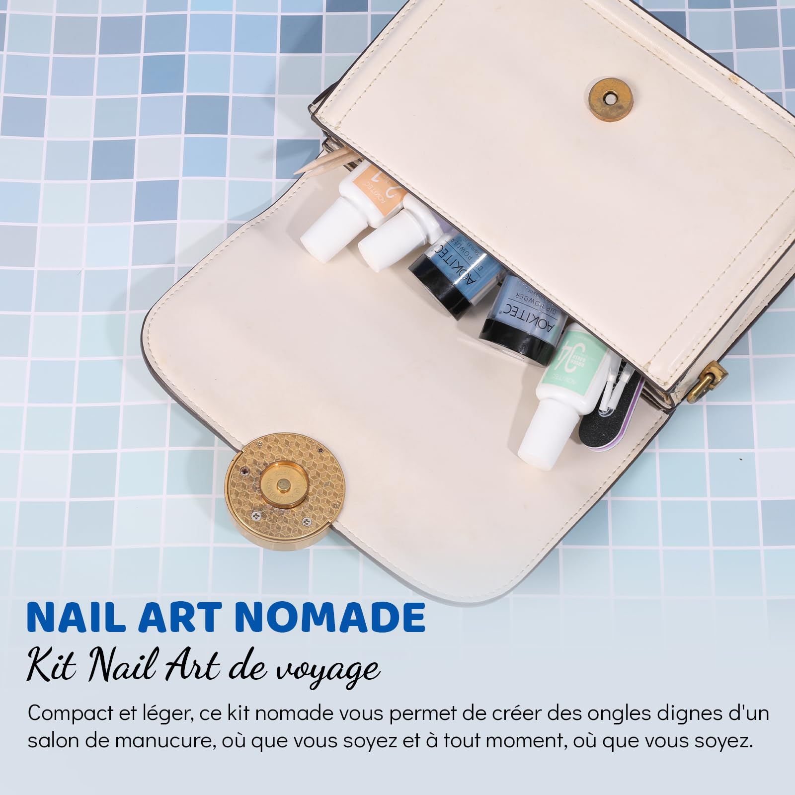 Aokitec Kit de poudre de trempage pour ongles – Poudre à ongles bleue et scintillante avec liquide de trempage pour ongles, kit d'ongles en acrylique pour nail art, facile à transporter et à utiliser