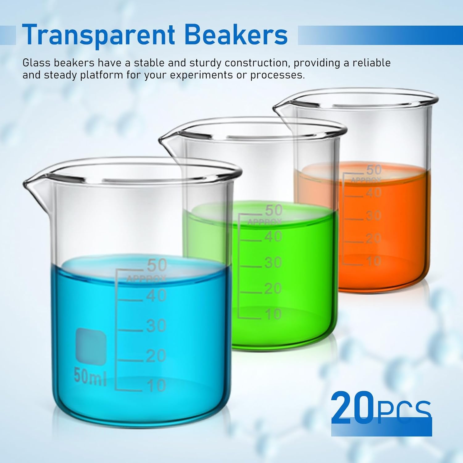 Artibetter 20pcs 50ml Glass Beakers with Spout Graduated Measuring Cups Laboratory Glassware for Liquid Measurement and Science Experiments