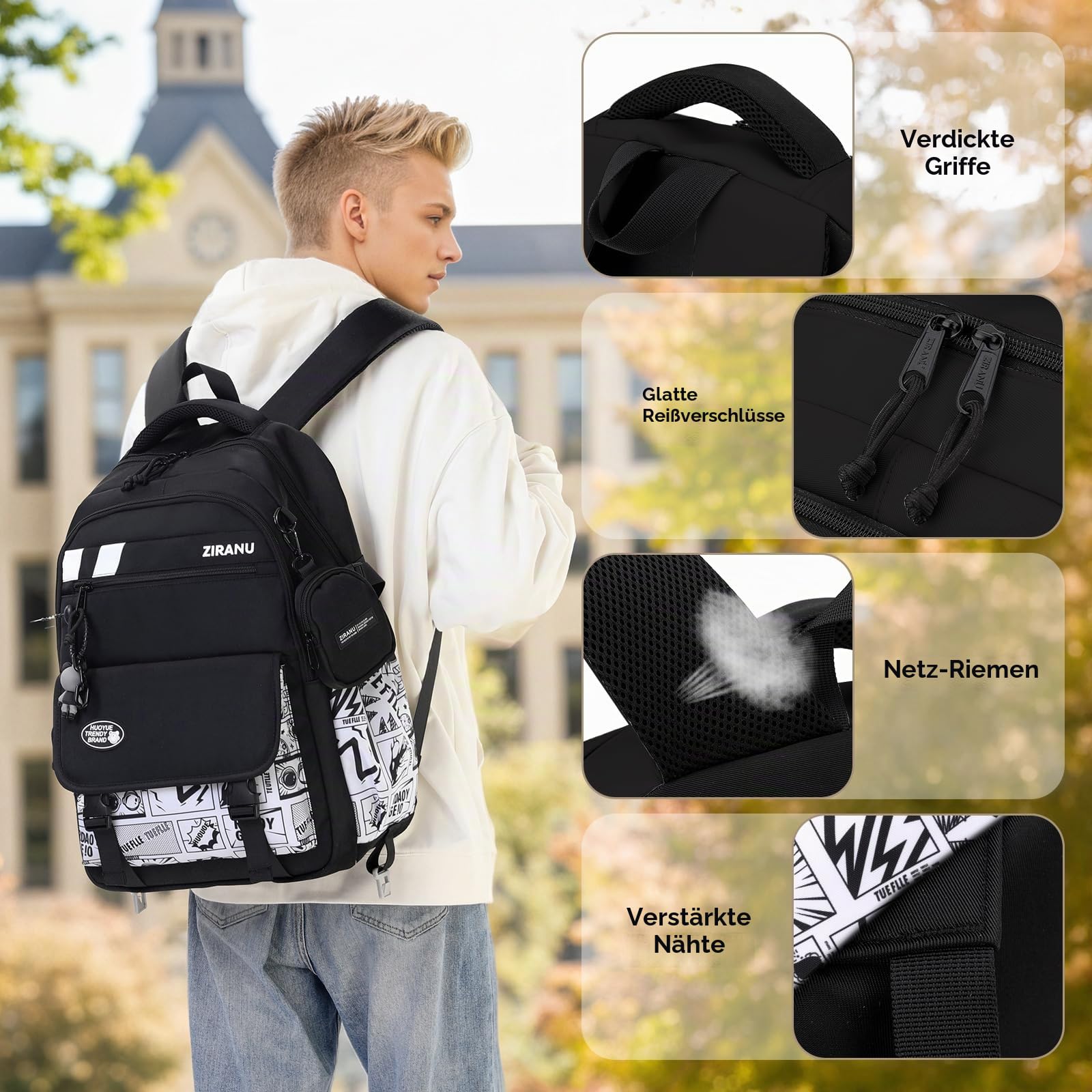 Amythe Schulrucksack Jungen Teen 8-15 Jahre Modern Robust, Weiß Buchstaben | Wasserdicht Reflektierend Leicht Ergonomisch Weiß Buchstaben Daypack Multitasche Geräumig für Schule Reisen Wandern