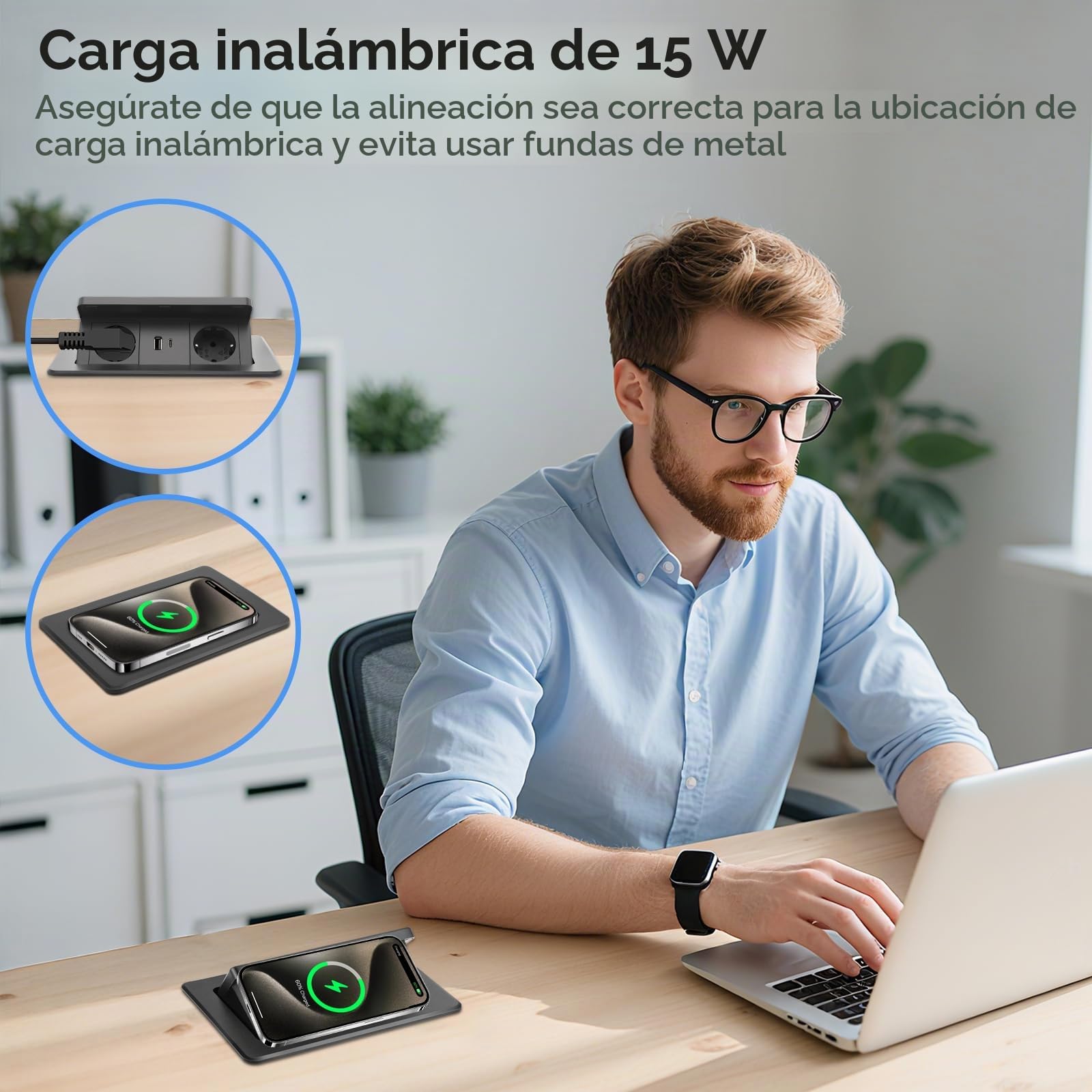 Toma Encastrable para Encimera, con USB C PD 20 W y 15 W - Toma Encastrable Retráctil con Cargador Inalámbrico - Toma de Mesa Desmontable - para Encimera, Mesa de Sofá, Hogar
