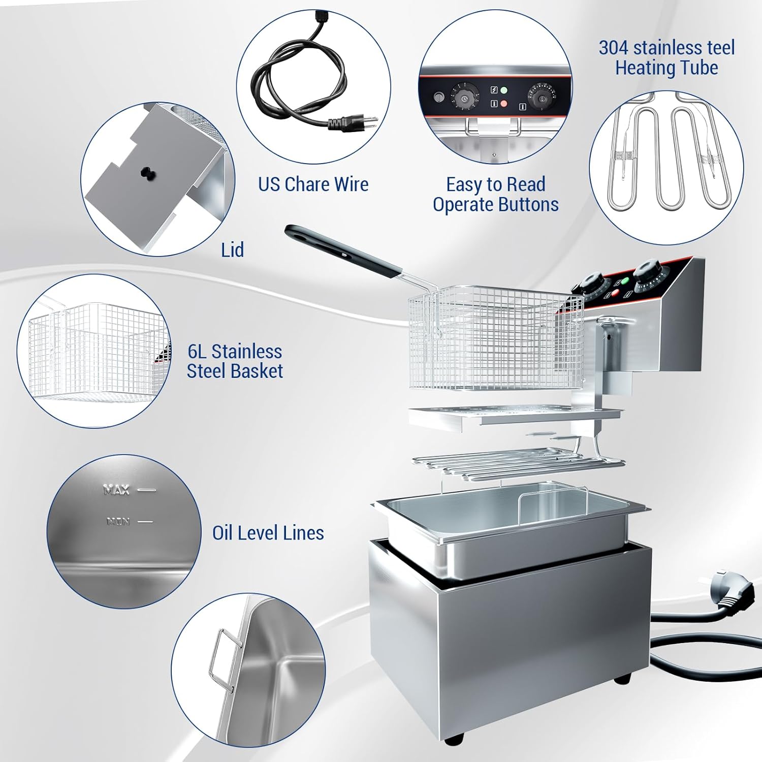 Commercial Deep Fryer with Basket, 8.4 QT/8 L Stainless Steel Electric Countertop Fryer with Temperature Control for Restaurant and Home Use, 1800 W