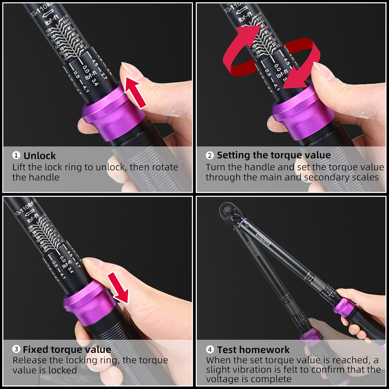 3/8" Inch Drive Click Torque Wrench 10-110 FT-LB/13.6-149.2N.M, ±3% Accuracy, Dual-Direction Click Professional Torque Wrench, Dual Range Scales Graduated in FT.LB and N.M, Purple
