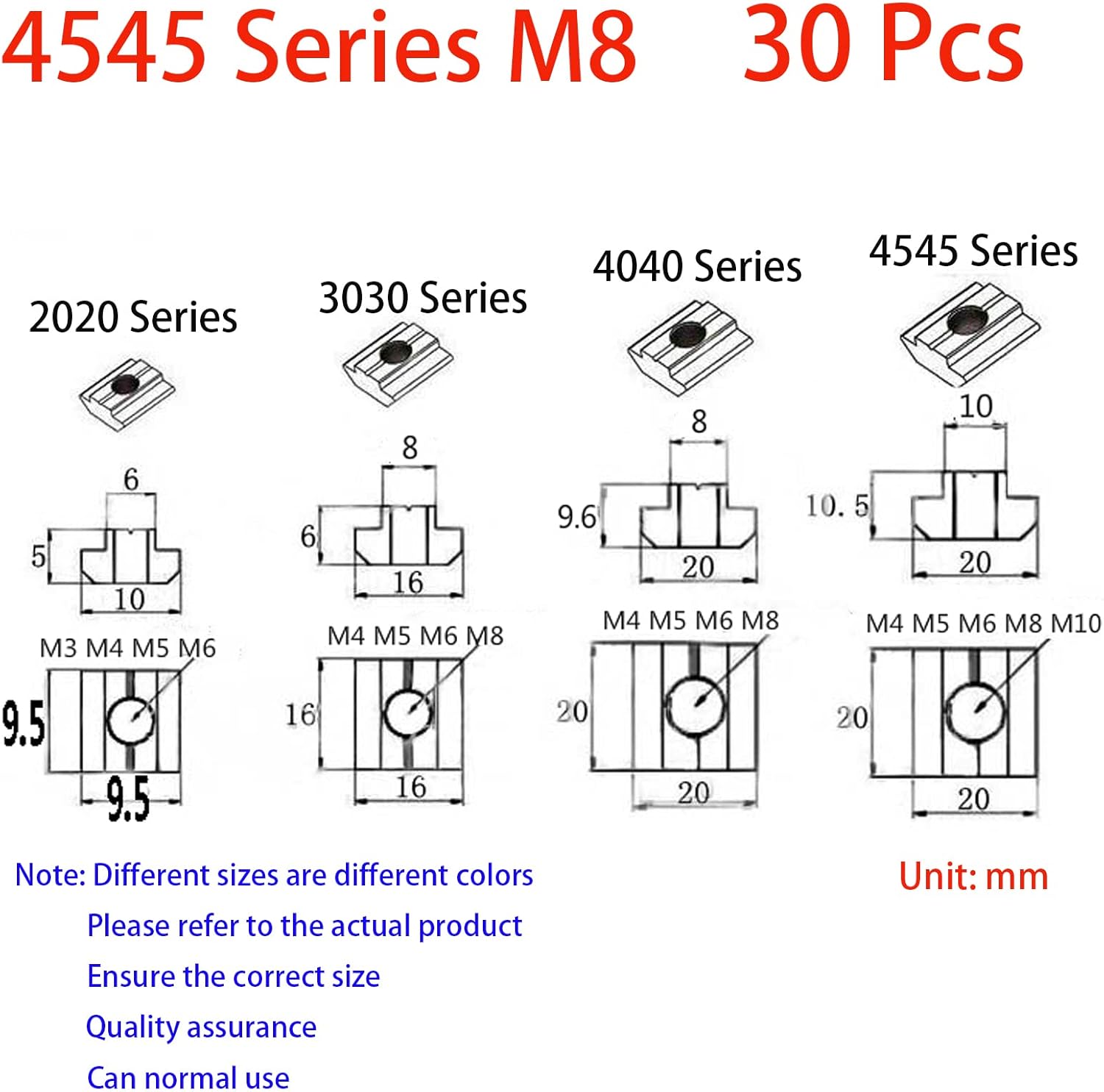 30Pcs 4545 Series T Sliding Nuts Hammer Nut Block Square Nuts M8 T Nuts for 4545 Aluminum Extrusion Profiles T Slot 10mm，for CNC Router Build Rail 3D Printer (m8)