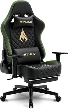 Symino Ergonomic Gaming Chair Office Chair with Telescopic Footrest, Lumbar Support and Adjustable Height 200 kg Faux Leather Black-Green