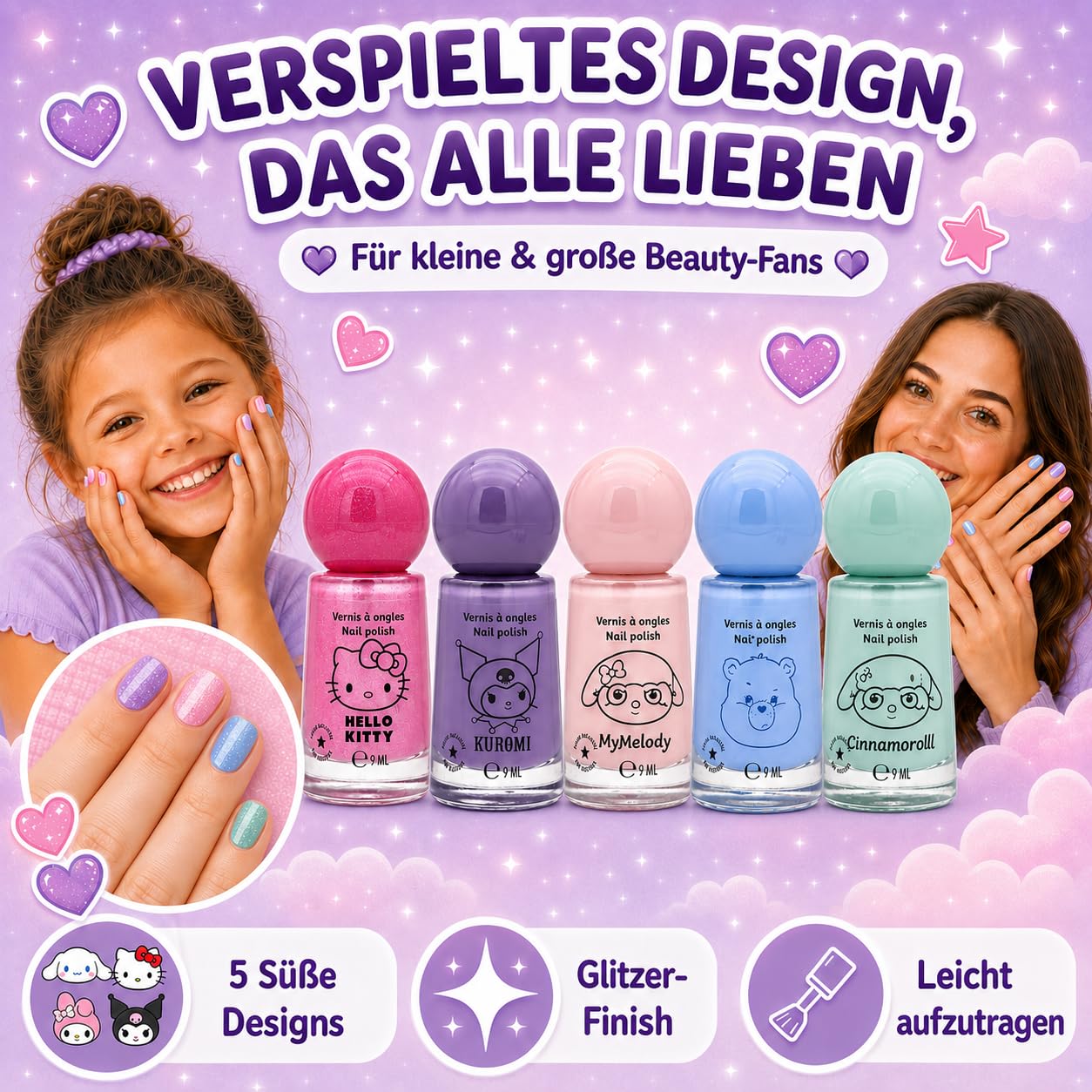 Hello Kitty, Melody, Kuromi, Cinnamoroll & Bisounours Lot de 5 vernis à ongles à paillettes végétaliens pour adultes – Séchage rapide, durable et testé dermatologiquement