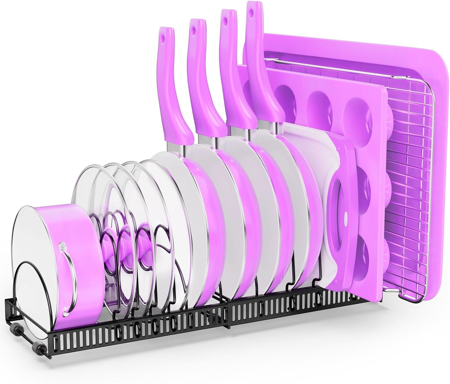 VELKPRO Pots and Pans Organizer Rack for Under Cabinet-Adjustable Kitchen Cabinet Holder-Ideal for Pot Lids, Cutting Boards, Cast-Iron Pans, and Heavy Cookware Storage