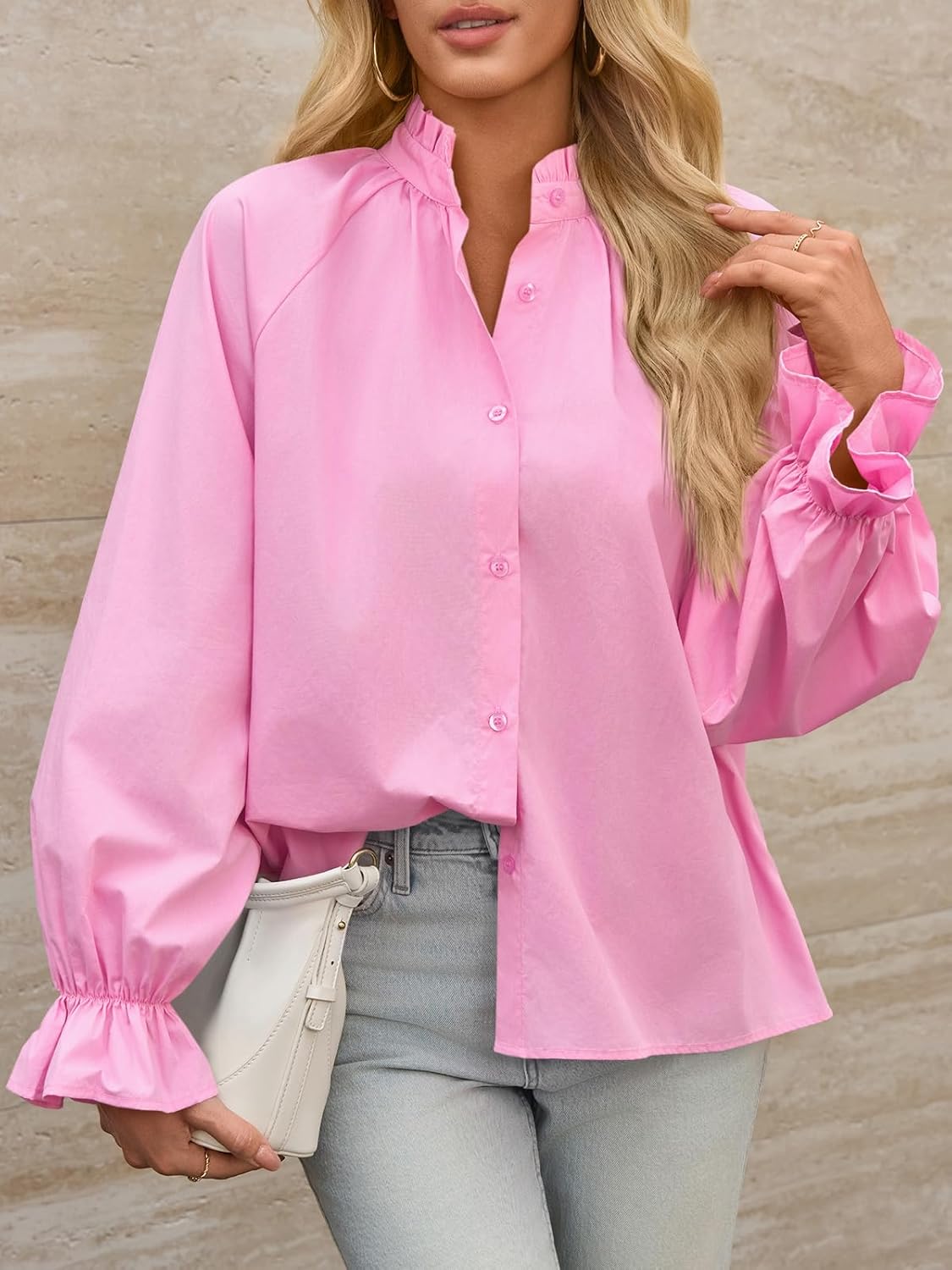 Tankaneo Womens Puff Long Sleeve Button Down Shirts Pleated V Neck Cotton Blouses Loose Fit Casual Ruffle Tops - Image 6