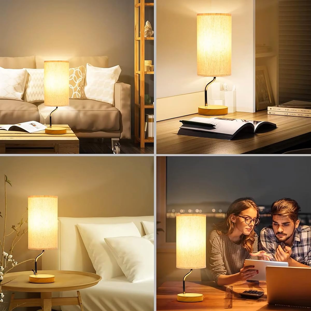 Kwadratowa Lampa Stołowa LED, Nowoczesna ściemnialna Lampka Nocna Z Abażurem Lnianym, Z Gniazdem USB/typu C, Podstawa E26/E27, 3 Tryby światła, Do Sypialni Stolika Nocnego I Gabinetu(Wood)