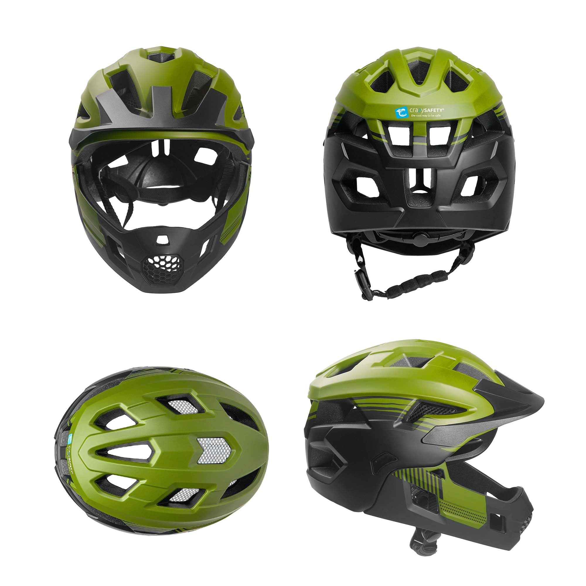Crazy Safety Casque Vélo Intégral - Vert | Casque 2-en-1 pour BMX, VTT, Patinage | Casque Enfant intégral avec mentonnière Amovible | Casque de Motocross Taille M 54-57 cm | Ajustement sécurisé