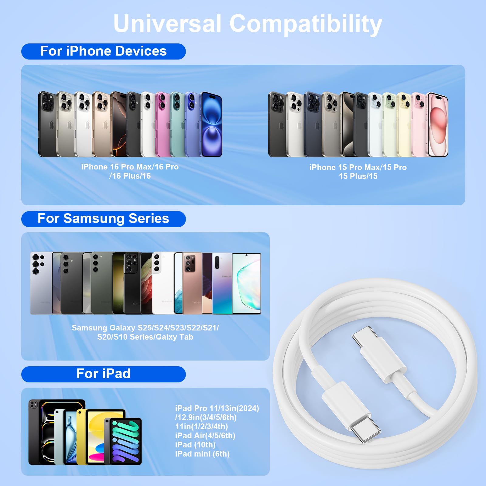 Cavo da USB C a USBC per iPhone 16 15, 3 m, confezione da 3 pezzi, 60 W, cavo di ricarica rapida tipo C, per iPhone 16/15 (Pro Max, Pro, Plus, 16e), iPad Pro/Air/Mini, Samsung Galaxy S25, S24, S23