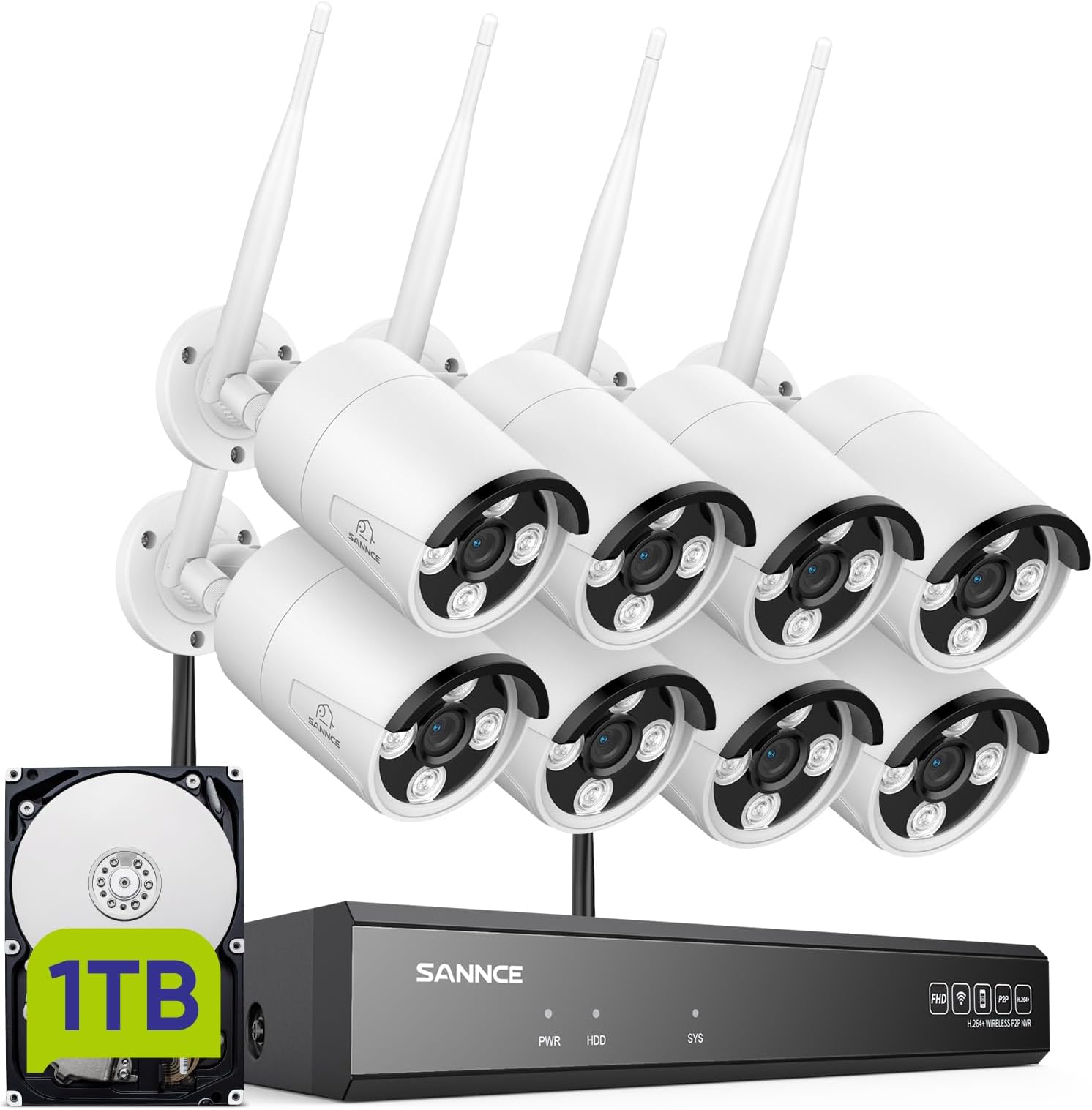 SANNCE Wireless CCTV Camera System, 10CH 5MP WiFi NVR, 4x 3MP Outdoor Metal Surveillance Security IP Cameras, Works with Alexa, One-Way Audio, P2P & AI Human Detection, 1TB HDD