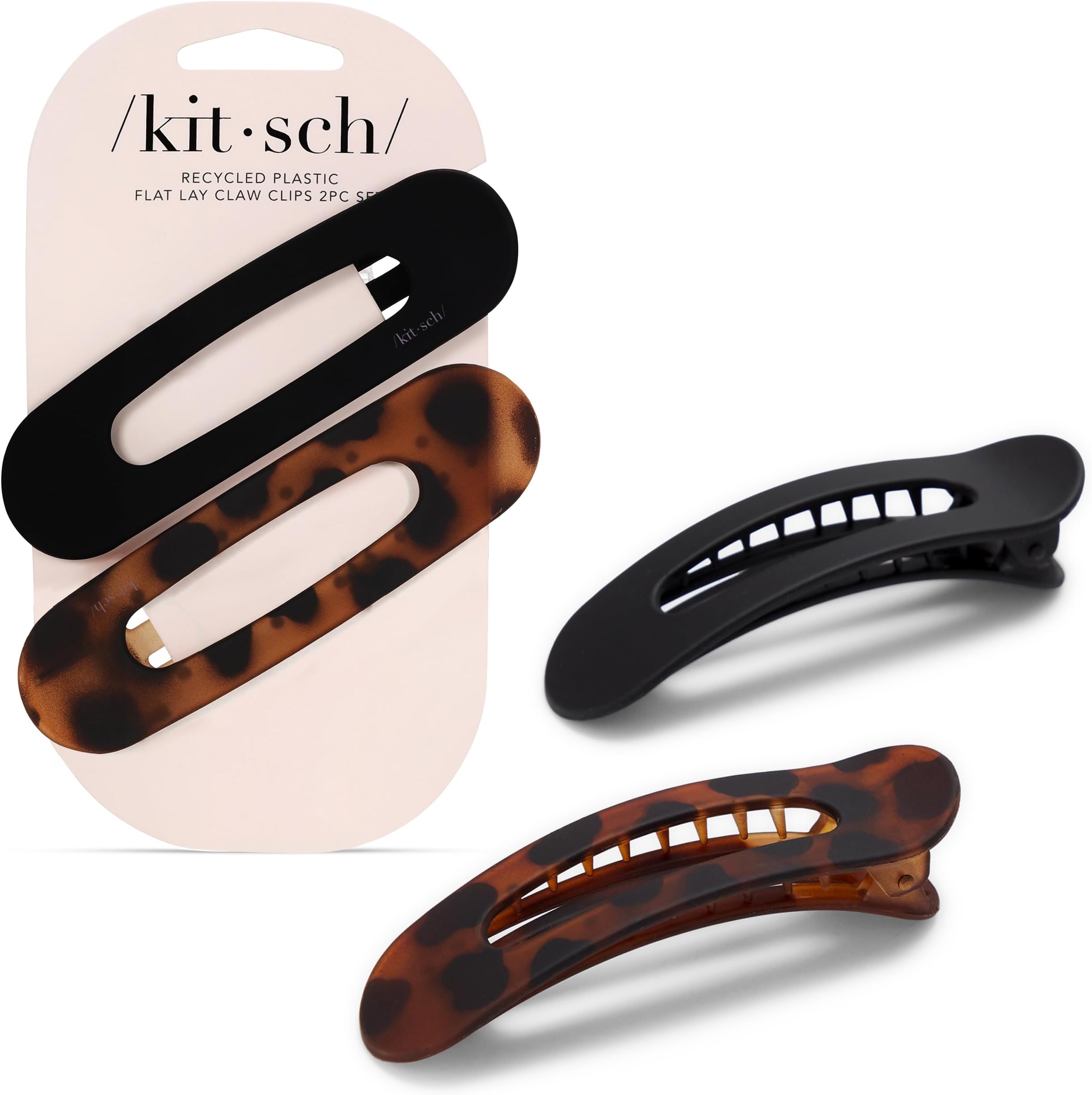 Kitsch Flat Hair Clips for Women - Strong Hold, No Slip Grip Flat Claw Clips For Secure and Comfortable Look | Durable Recycled Plastic Hair Accessories | Ideal Gifts for Women - Black & Tortoise, 2pc