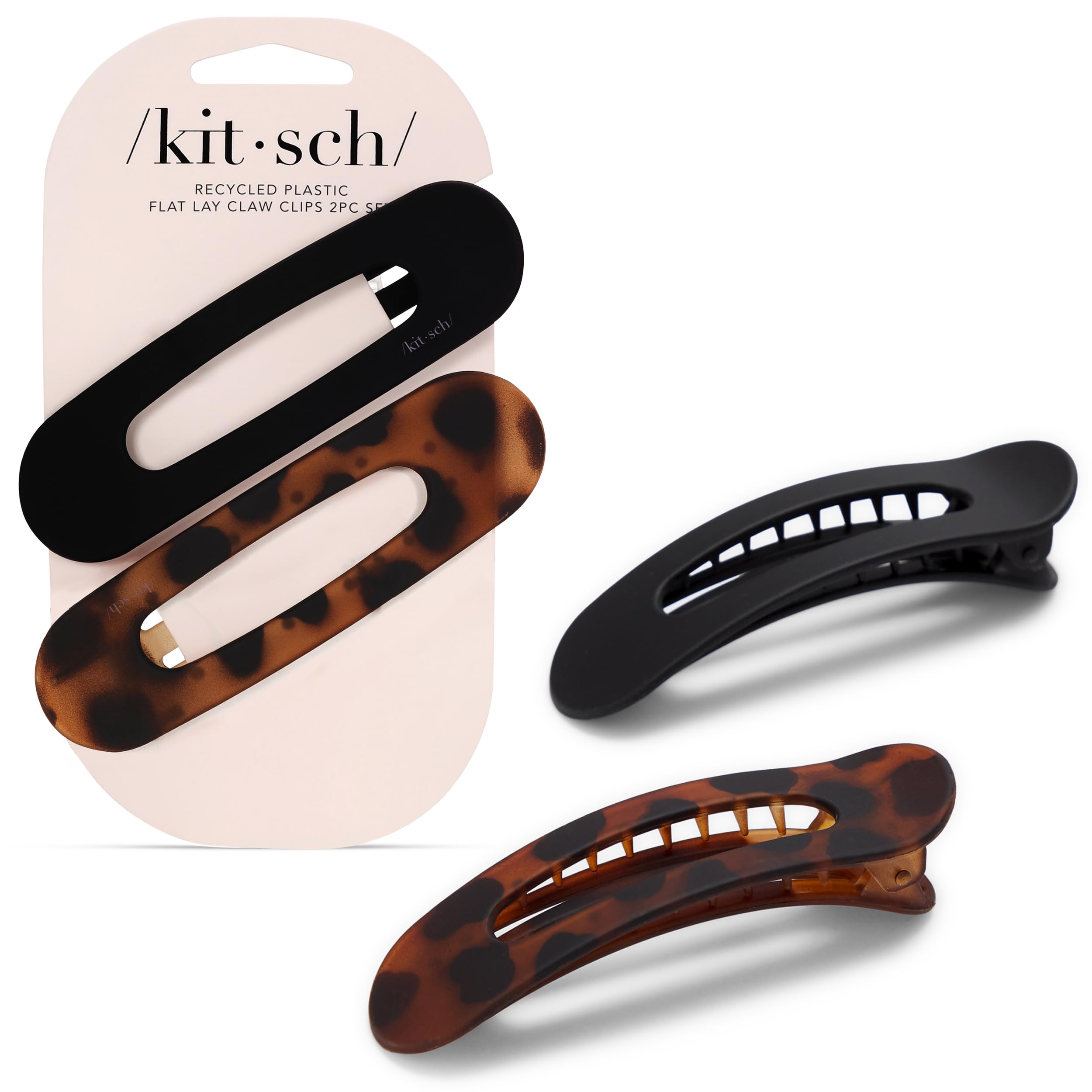 Kitsch Flat Hair Clips for Women - Strong Hold, No Slip Grip Flat Claw Clips For Secure and Comfortable Look | Durable Recycled Plastic Hair Accessories | Ideal Gifts for Women - Black & Tortoise, 2pc