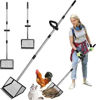 Foandbevi Chicken Poop Scooper and Rake with Ergonomic Handle, 2 in 1 Large Metal Chicken Coop Scoop for Poop with Adjustable Stainless Steel Pole, Sand Sifting Shovel for Chicken Coop Accessories