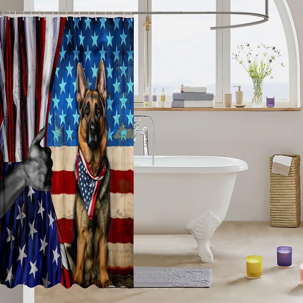 Castle Fairy American Flag Shower Curtain,German Shepherd Animal Bath Curtain for Bathroom Decorative,Stars Stripes USA Flag Curtain Waterproof Fabric with Hooks Machine Washable, 72Wx84L inch