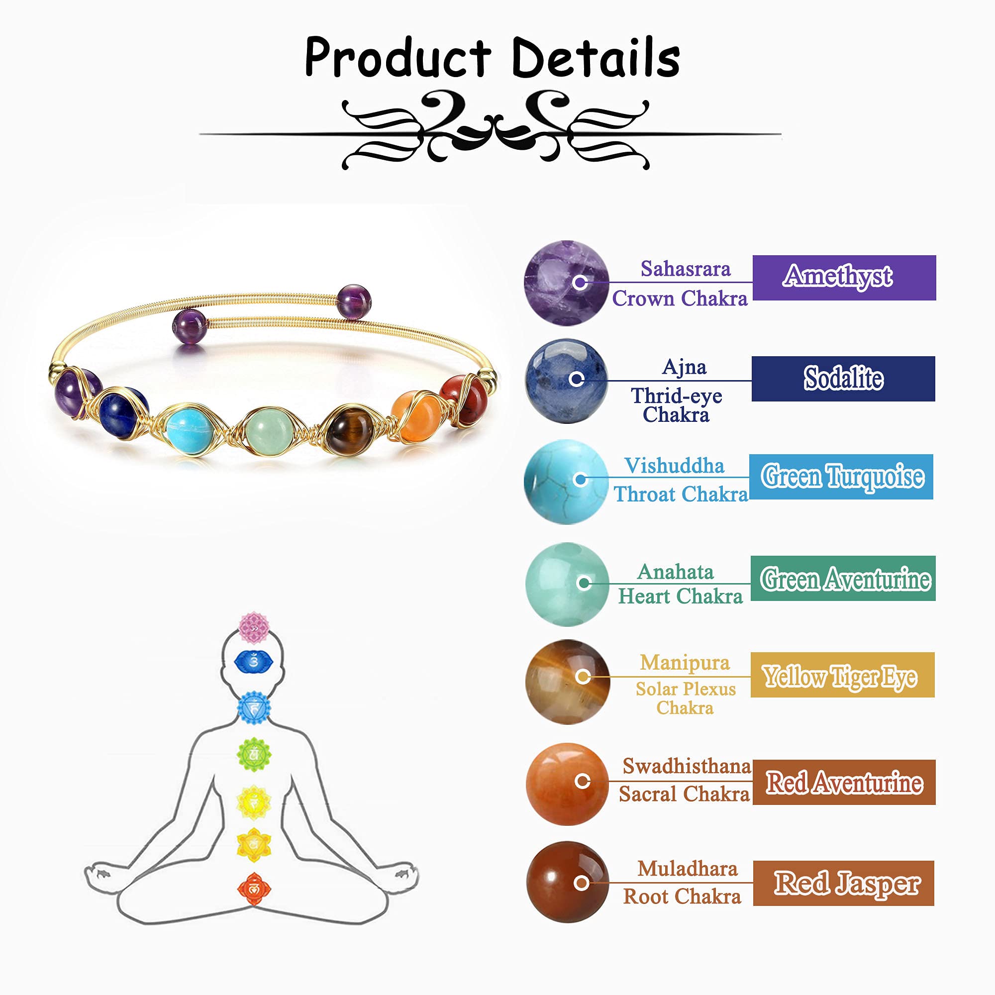 YDYDTTKD Armband mit 7 Chakra-Kristallen, Edelsteinen, heilenden Reiki-Steinen, Perlenarmband für Damen, 14 Karat vergoldetes Armband, Verstellbarer Kristallschmuck, Geschenke für Muttertag,