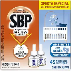 Repelente Elétrico Líquido SBP 45 Noites Cheiro Suave com 2 Refis