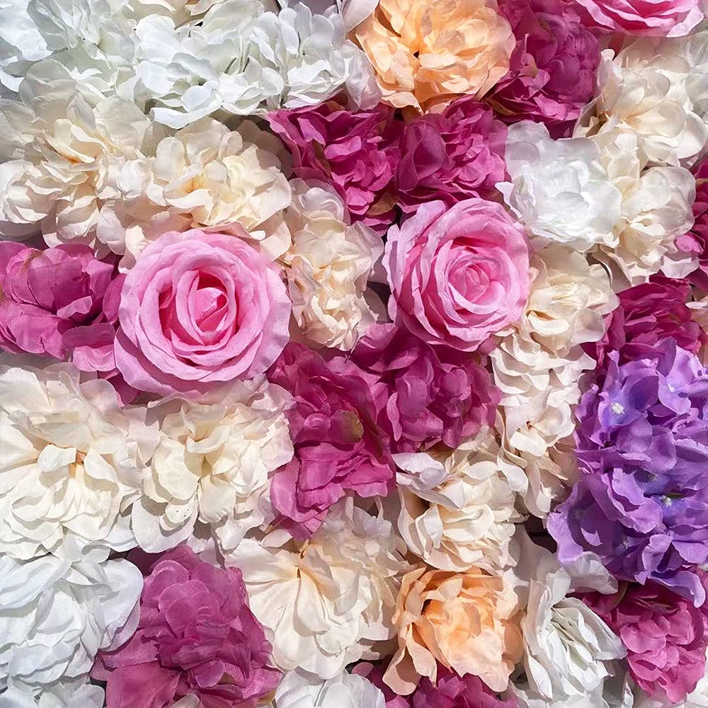 Rosenwand Künstliche Blumenwand 3D Blumen Kunstblumen Gefälschte Pflanzenwand 12 Stück Rosen Deko 40x60cm (Dahlie Rose‌ Hydrangea) - Rosa, Violett, Weiß
