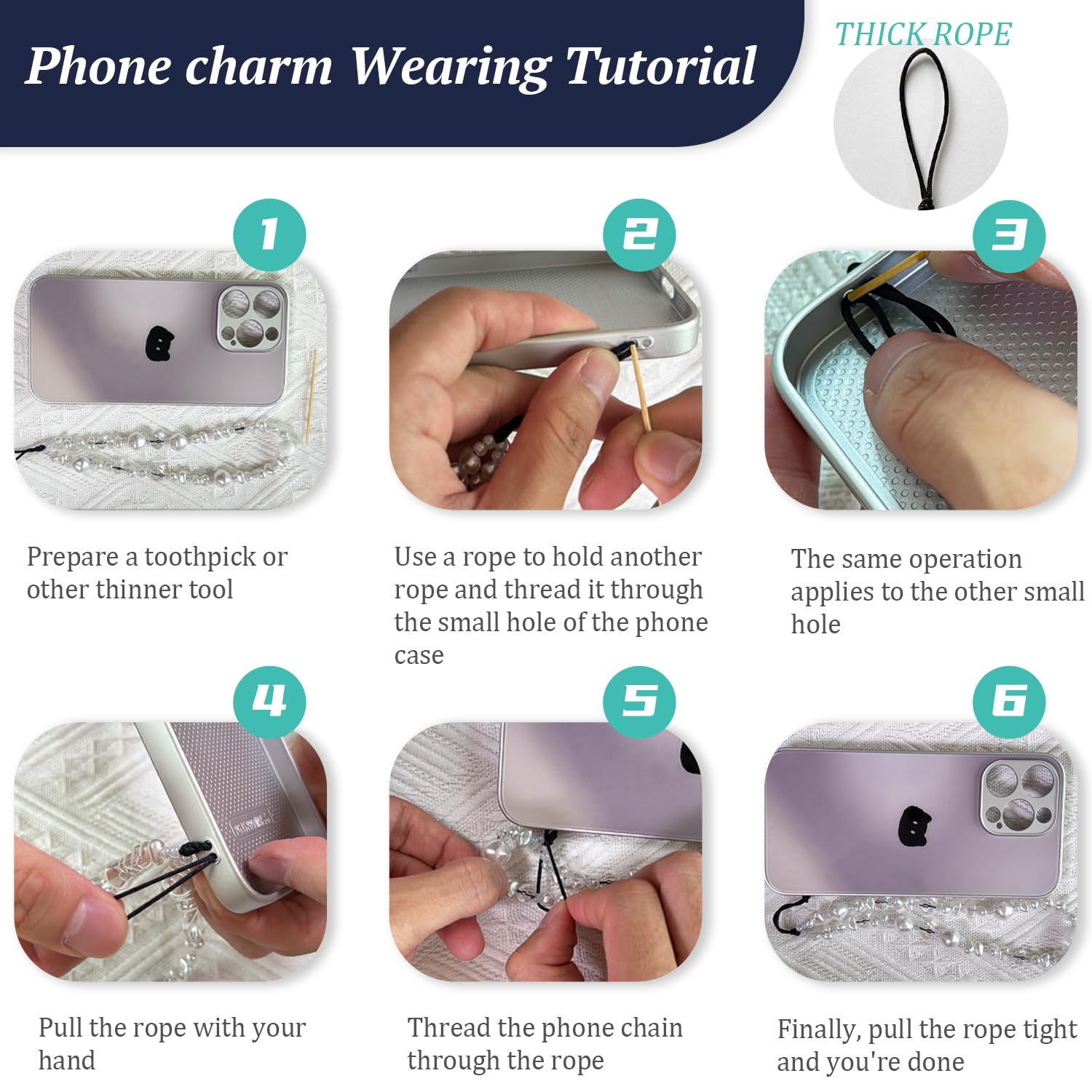 WCCH Beaded Phone Charm Y2K Kawaii Handmade Acrylic Phone Lanyard Wrist Strap for Camera Bag Airpods Keychain Charm Gold and White Pearls — view 6