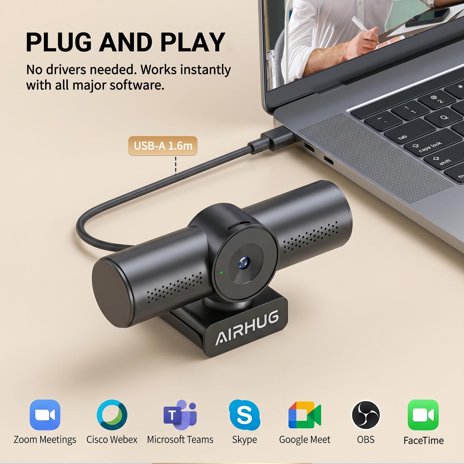 AIRHUG Webcam 4K 30fps con doppio microfono omnidirezionale e copertura per la privacy | Sensore Sony 16MP, autofocus PDAF, correzione automatica della luce, vista messa a fuoco a 63°, Plug & Play USB