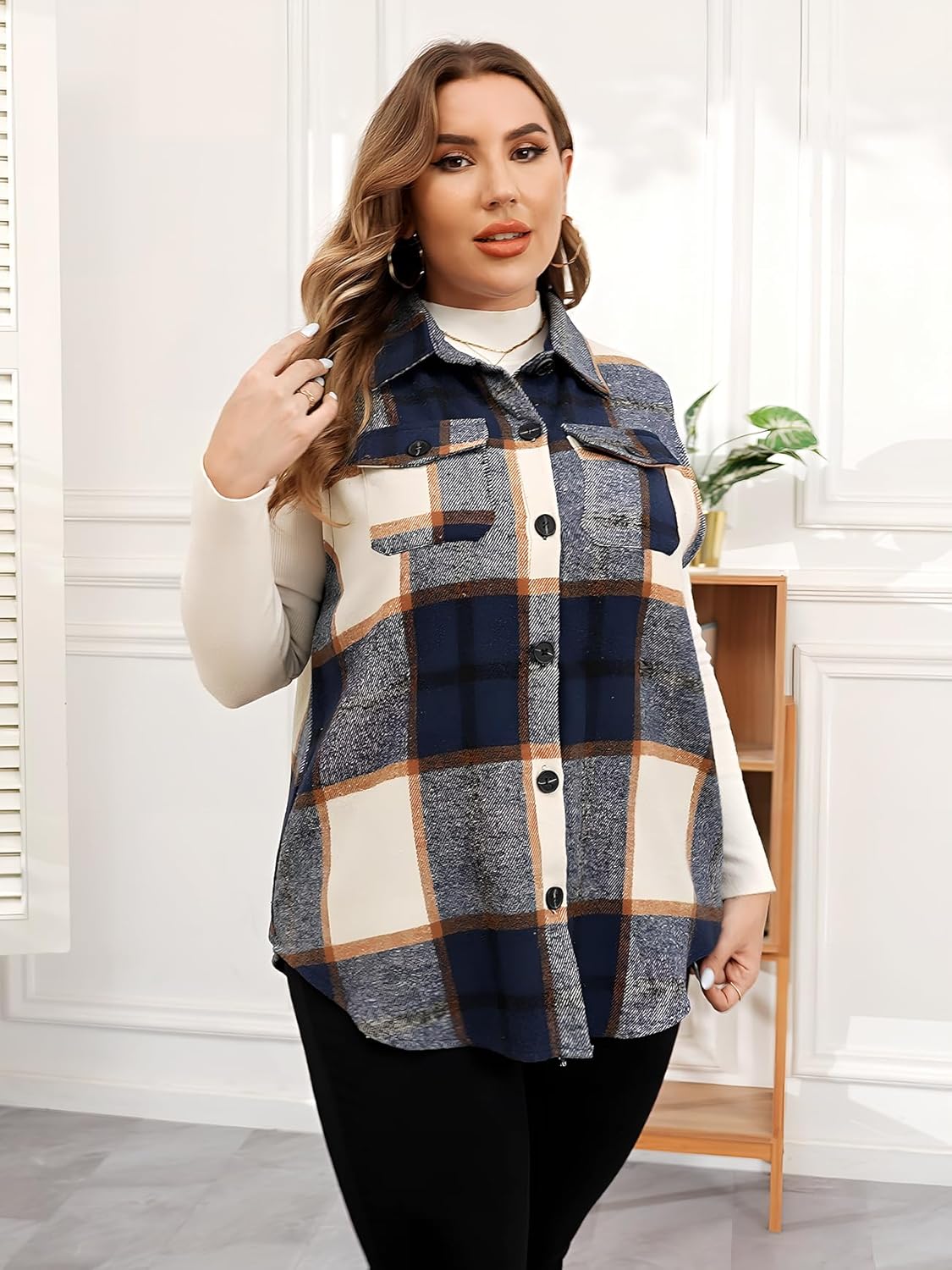 CYCLAMEN Plus Size Women's Flannel Plaid Long Vest Button Down Sleeveless Jacket Shacket - Image 5