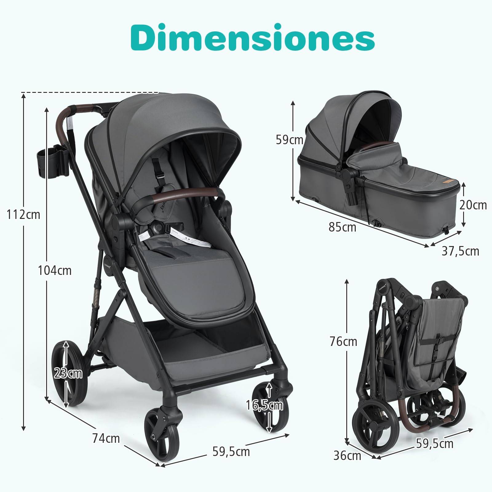 COSTWAY Silla de Paseo Bebe, 2 en 1 Cochecito de Bebe Plegable con Modo Capazo, Cochecito Convertible para Niños con Asiento Reversible, Capota y Respaldo Ajustables (Gris) — view 6